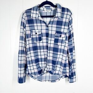 Paper Tee Kids Blue and Pink Plaid Flannel Long Sleeve Tie Front Top 12 (Girls)